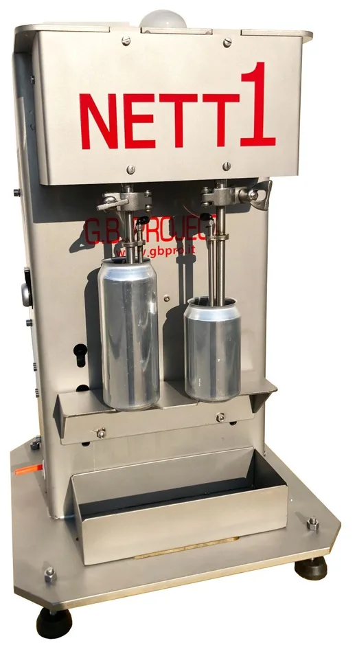 Riempitrice per lattine NETT1, vista frontale con due lattine in riempimento
